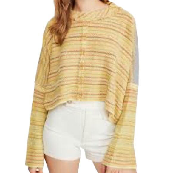 Free People Yellow Gray Catalina Cropped Bell Sleeve Pullover Sweater M - Picture 1 of 12